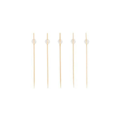 Five PAPSTAR 100 finger food - picks from PAPSTAR GmbH, each with a small clear pearl at the top end, are arranged in a straight, horizontal line on a plain white background.