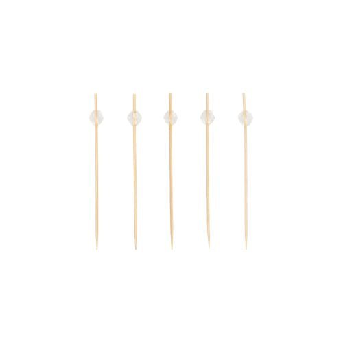 Five PAPSTAR 100 finger food - picks from PAPSTAR GmbH, each with a small clear pearl at the top end, are arranged in a straight, horizontal line on a plain white background.