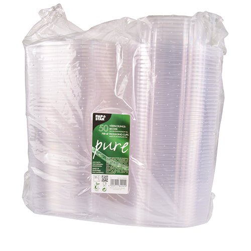 In a transparent plastic bag, there are 50 PAPSTAR "pure" PLA gourmet and salad bowls with hinged lids. The green-white label shows product details, recycling symbols, and highlights the eco-friendliness of the bowls.