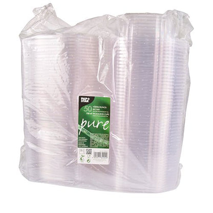 In a transparent plastic bag, there are 50 PAPSTAR "pure" PLA gourmet and salad bowls with hinged lids. The green-white label shows product details, recycling symbols, and highlights the eco-friendliness of the bowls.