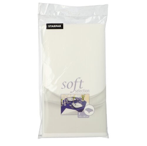 In a transparent plastic packaging, there is a folded white Starpak tablecloth, fabric-like fleece "Soft Selection", size 120 cm x 180 cm, with the image of a set dining table on the front.