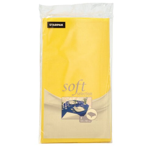 The Starpak tablecloth "Soft Selection" is a fabric-like fleece tablecloth in the size 120 x 180 cm, on whose packaging a dining table image and the product size can be clearly seen.