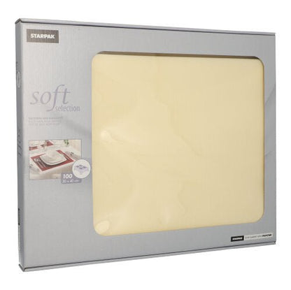 A box of Starpak Soft Selection table sets made of fabric-like fleece contains 100 cream-colored sets in the format 30 x 40 cm. The partially transparent packaging shows details - ideal for elegant table decoration or matching napkins.