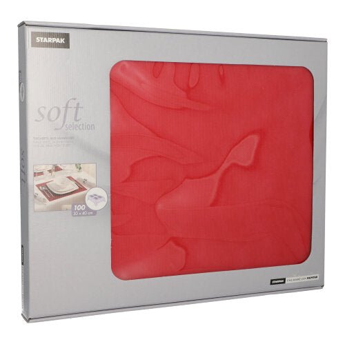 A silver box with the inscription "Starpak Soft Selection" contains 100 red, fabric-like fleece table sets (30 x 40 cm) with a clear plastic window - ideal for elegant table decoration or as stylish placemats.