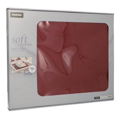The silver Starpak box contains 100 red, fabric-like fleece table sets (30x40cm) from the "Soft Selection" line. A viewing window shows the stylish table sets, perfect for elegant table decoration.