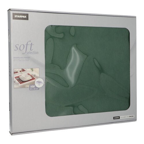 A box of Starpak 100 table sets, fabric-like, fleece "Soft Selection" (30 x 40 cm), features a transparent window and a photo of an elegant table decoration on the front.