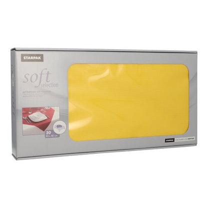 A rectangular Starpak box contains 20 "Soft Selection" napkins made of fabric-like fleece in the size 80 x 80 cm. Through a viewing window, a yellow napkin is visible, and the packaging shows a motif of a set table.