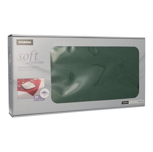 In a rectangular box labeled "Starpak 20 napkins, fabric-like, fleece 'soft selection' 80x80cm" are 20 green, fabric-like napkins, partially visible through a window on the gray/silver packaging – perfect for gastronomy use.