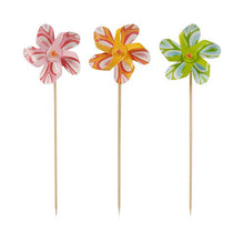Three PAPSTAR decorative picks "Pinwheel" (17.5 cm) with five colorful petals each are arranged in a row on a white background. These party accessory pinwheels come from PAPSTAR GmbH in assorted colors, perfect for decoration (50 pieces/package).