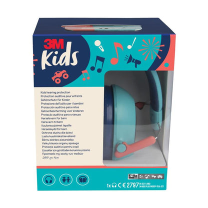 A packaged 3M™ Kids Hearing Protection PKIDSP-TEAL-E (teal, 87-98 dB) from 3M Deutschland GmbH is shown in packaging with colorful graphics, musical notes, and multilingual product information on the front.
