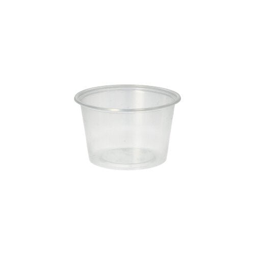 A transparent Starpak 50 dressing cup, PP round Ø 7.1 cm, is empty and without a lid centered on a plain white background.