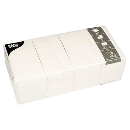 Pictured is a sealed pack of PAPSTAR napkins 2-ply, 33x33 cm, white (250 pieces), 1/8 fold by PAPSTAR GmbH; the label shows quantity, size and FSC-certified for responsible sourcing.