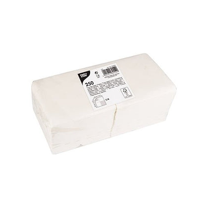 A stack of 250 napkins, 2-ply, 24 x 24 cm, 1/4-fold from PAPSTAR GmbH is wrapped in transparent foil and has a product label with quantity and barcodes on top.