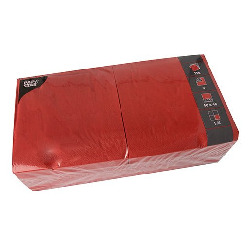 A sealed package PAPSTAR 250 napkins, 3-ply, 1/4-fold from PAPSTAR GmbH, with quantity, size, and fold information on the cover.