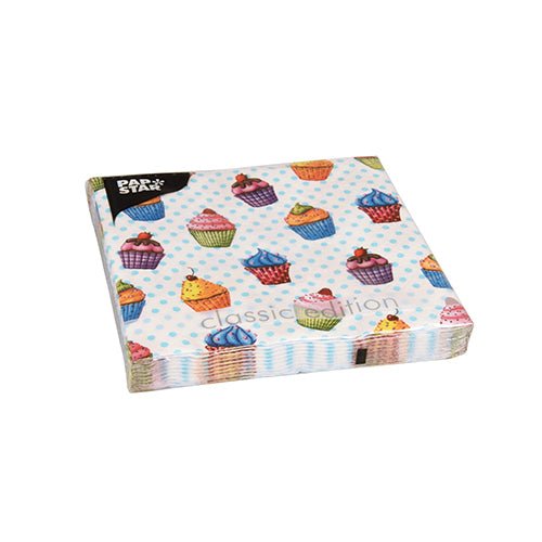 A set of 20 napkins by PAPSTAR GmbH (33x33 cm, 3-ply, 1/4 folded) with a light blue polka dot and cupcake motif. The front features the inscription "classic edition", and the PAPSTAR logo is located at the top left for added style and durability.