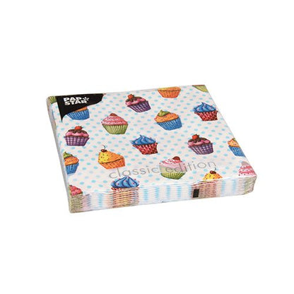 A set of 20 napkins by PAPSTAR GmbH (33x33 cm, 3-ply, 1/4 folded) with a light blue polka dot and cupcake motif. The front features the inscription "classic edition", and the PAPSTAR logo is located at the top left for added style and durability.