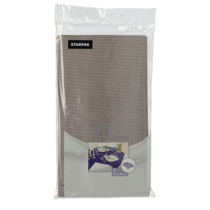 A packaged Starpak tablecloth, fabric-like, fleece "Soft Selection" 120 cm x 180 cm, is shown in transparent plastic. On the front are a set dining table and product details, with the beige material visible inside.