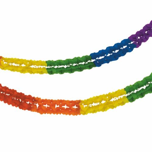 Two PAPSTAR Large-scale paper garlands (fire-retardant, Ø 16 cm, 10 m) from the PAPSTAR GmbH stand out with their vibrant, repeating colors and are draped against a white background—perfect for vibrant decorations.