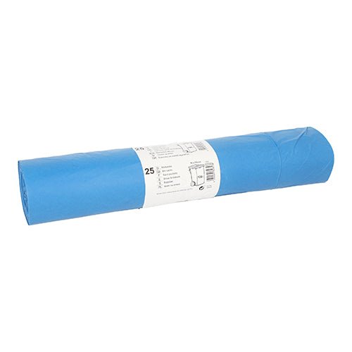 A roll of Starpak 25 garbage bags, LDPE 120 l (110 cm x 70 cm) in blue, with a white label in the middle containing product information and specifications.