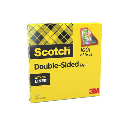 A yellow box of Scotch® double-sided tape (1 roll, 19 mm x 33 m) by 3M Deutschland GmbH, labeled "linerless" and "100s of Uses", ideal for crafting needs. The front shows tape holding a picture.