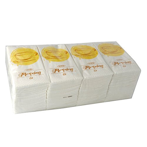 A stack of PAPSTAR 250 napkins, 3-ply 1/8 fold by PAPSTAR GmbH, each 33 x 33 cm in size, with a golden teacup and "Good Morning" motif, is packaged in a transparent plastic wrap.