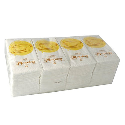 A stack of PAPSTAR 250 napkins, 3-ply 1/8 fold by PAPSTAR GmbH, each 33 x 33 cm in size, with a golden teacup and "Good Morning" motif, is packaged in a transparent plastic wrap.