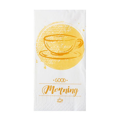 The PAPSTAR 250 napkins, 3-ply 1/8-fold from PAPSTAR GmbH are white napkins (33 x 33 cm) with a yellow teacup motif, "GOOD Morning" lettering, and cup symbol - perfect as catering napkins.