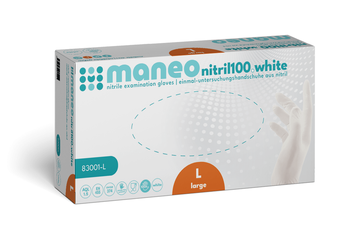 A rectangular box with MANEO nitrile gloves, hygienic and durable by ARNOWA GmbH. The predominantly white large format box features blue and orange accents, product details, and images of a hand and a glove.