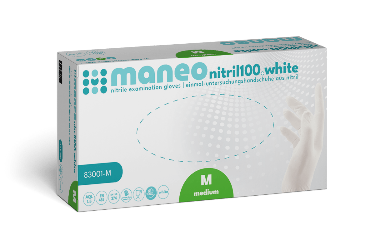 A box of MANEO nitrile gloves, hygienic and durable by ARNOWA GmbH, medium size, features product details, icons, and an image of a gloved hand on the front of the packaging.