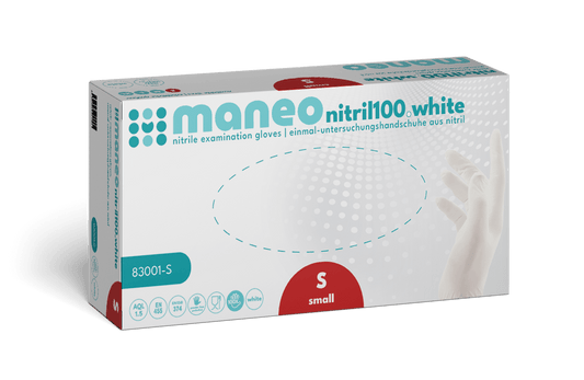 A rectangular box of MANEO nitrile gloves, hygienic and durable by ARNOWA GmbH in size small, features a blue-white design with product information and an image of a gloved hand on the front.