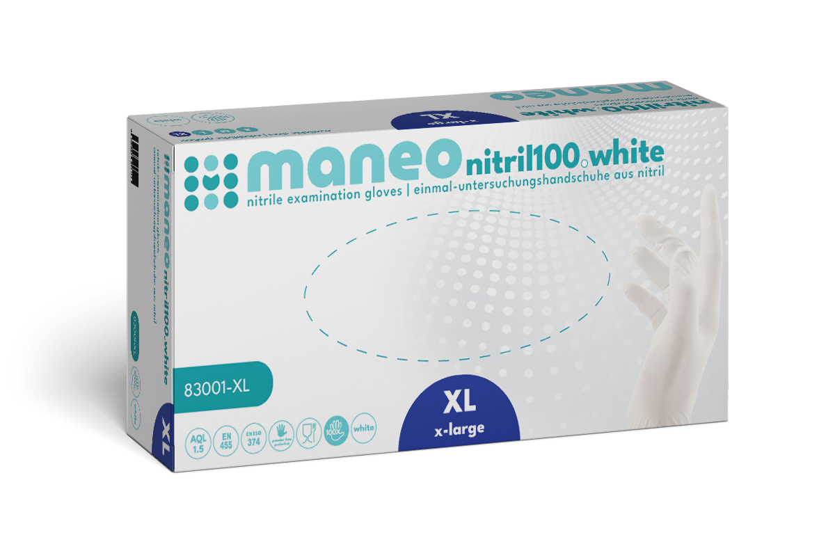 A rectangular box of MANEO nitrile gloves, hygienic and durable by ARNOWA GmbH in XL, with teal and blue branding and an image of a gloved hand on the right side.