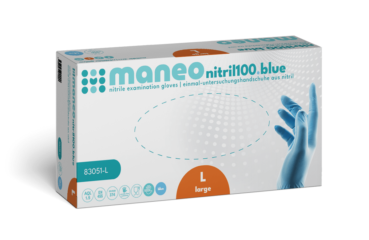 A rectangular box of MANEO nitrile gloves, hygienic and durable by ARNOWA GmbH in size large, features a predominantly white design with blue and orange accents, as well as a glove image and hygiene information on the front.