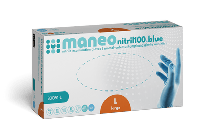 A rectangular box of MANEO nitrile gloves, hygienic and durable by ARNOWA GmbH in size large, features a predominantly white design with blue and orange accents, as well as a glove image and hygiene information on the front.