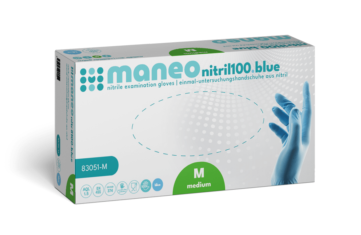 A rectangular box of MANEO nitrile gloves, hygienic and durable by ARNOWA GmbH. Medium size, in a white box with blue and green accents, with a gloved hand and text in English and German.