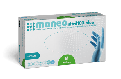 A rectangular box of MANEO nitrile gloves, hygienic and durable by ARNOWA GmbH. Medium size, in a white box with blue and green accents, with a gloved hand and text in English and German.