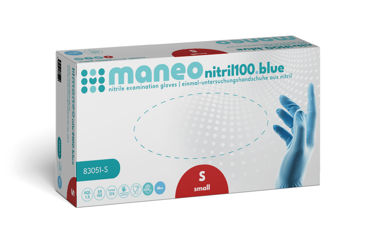 A rectangular box from ARNOWA GmbH with the inscription "MANEO nitrile gloves, hygienic and durable" contains small, blue disposable gloves. The packaging shows a gloved hand, product symbols, and bilingual text.