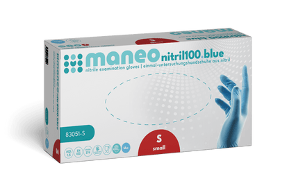 A rectangular box from ARNOWA GmbH with the inscription "MANEO nitrile gloves, hygienic and durable" contains small, blue disposable gloves. The packaging shows a gloved hand, product symbols, and bilingual text.