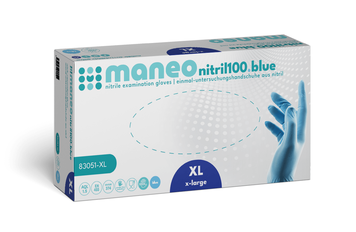 A pack of MANEO nitrile gloves, hygienic and durable by ARNOWA GmbH in XL. The white-blue pack shows a gloved hand on the right side, with product details and symbols for hygienic protection on the front.