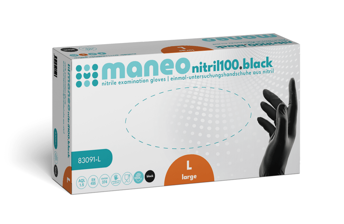 A rectangular box of MANEO nitrile gloves, hygienic and durable by ARNOWA GmbH, size large, shows a black gloved hand on the right side and blue and orange accents on a white background.