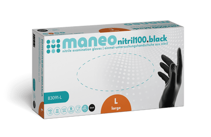 A rectangular box of MANEO nitrile gloves, hygienic and durable by ARNOWA GmbH, size large, shows a black gloved hand on the right side and blue and orange accents on a white background.