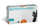 A rectangular box of MANEO nitrile gloves, hygienic and durable by ARNOWA GmbH, size large, shows a black gloved hand on the right side and blue and orange accents on a white background.
