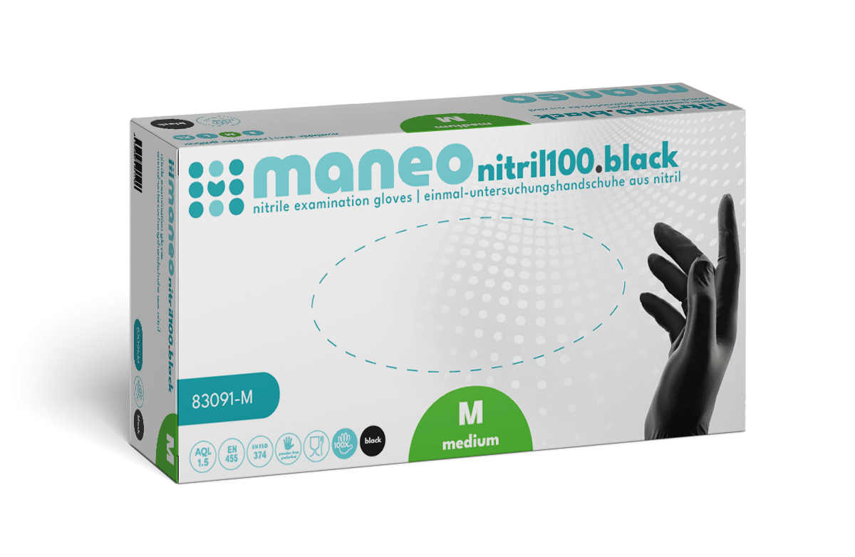 A rectangular box of ARNOWA GmbH MANEO nitrile gloves, hygienic and durable, in medium size. The white packaging with blue-green and black details shows a hand wearing a black glove on the right side.