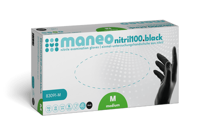 A rectangular box of ARNOWA GmbH MANEO nitrile gloves, hygienic and durable, in medium size. The white packaging with blue-green and black details shows a hand wearing a black glove on the right side.