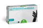 A rectangular box of ARNOWA GmbH MANEO nitrile gloves, hygienic and durable, in medium size. The white packaging with blue-green and black details shows a hand wearing a black glove on the right side.