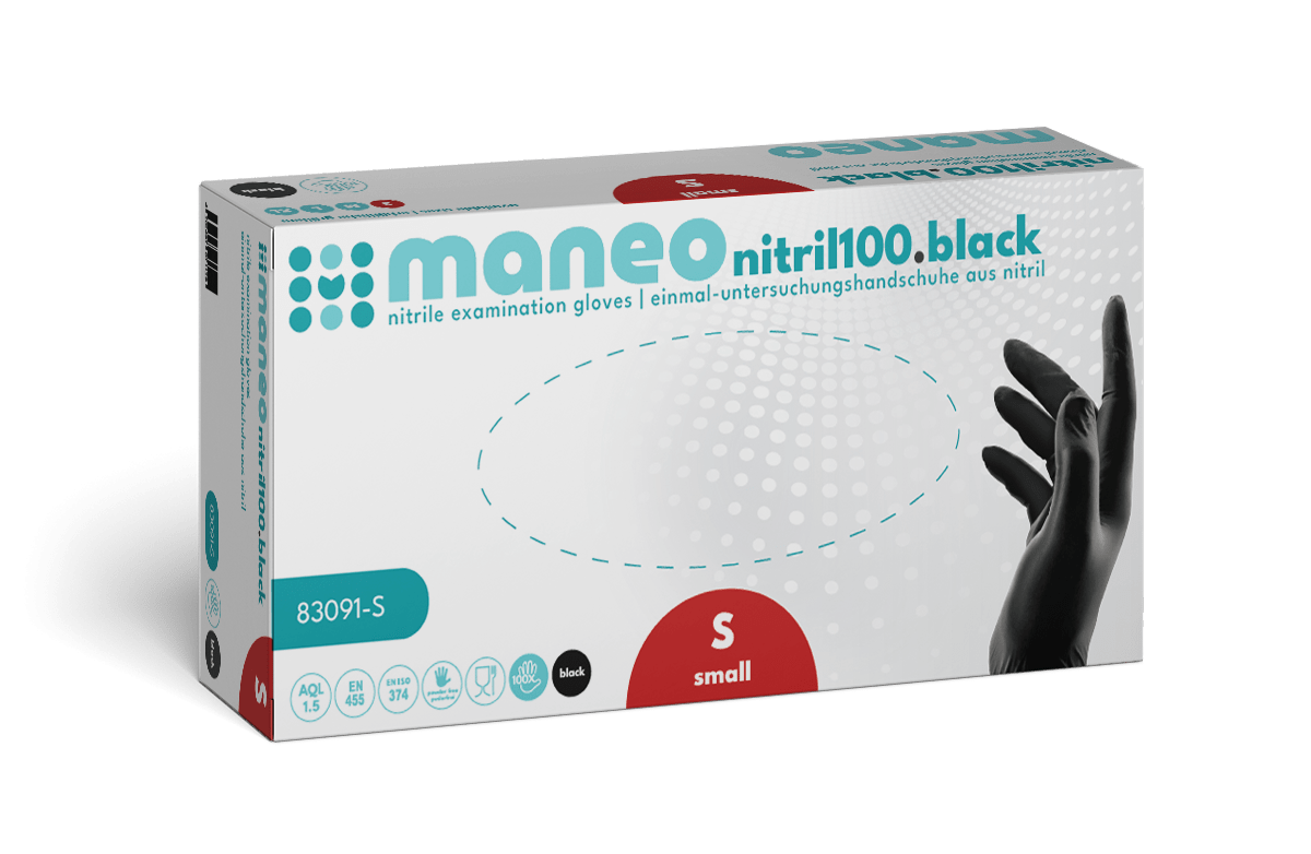 A box of MANEO nitrile gloves, hygienic and durable by ARNOWA GmbH, size small. The white box with turquoise and red accents shows a hand in a black glove on the right side.