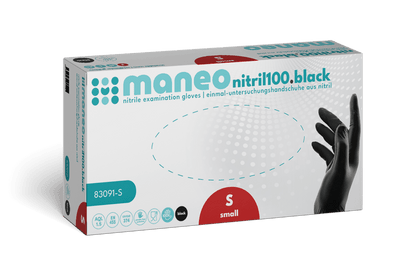 A box of MANEO nitrile gloves, hygienic and durable by ARNOWA GmbH, size small. The white box with turquoise and red accents shows a hand in a black glove on the right side.