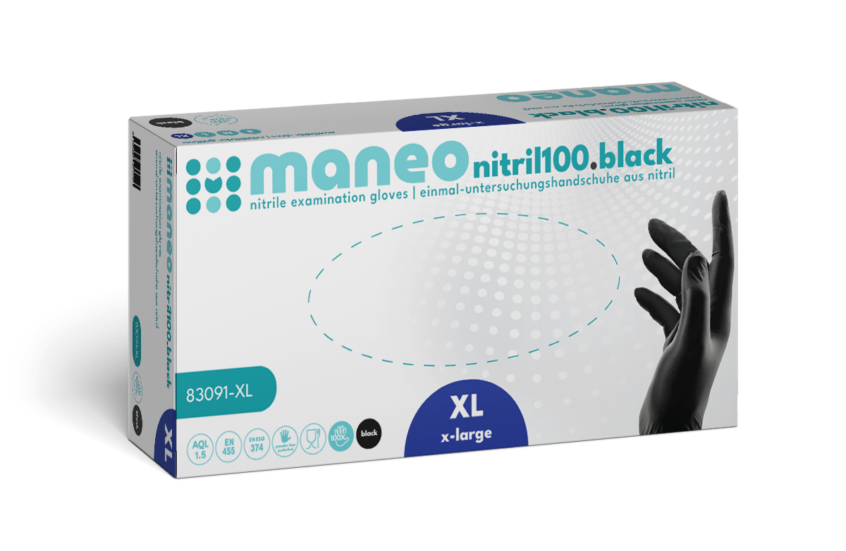 A rectangular box of ARNOWA GmbH MANEO nitrile gloves, hygienic and durable, size XL. The predominantly white packaging with blue-green and black accents shows a hand in a black glove and icons of the main features.