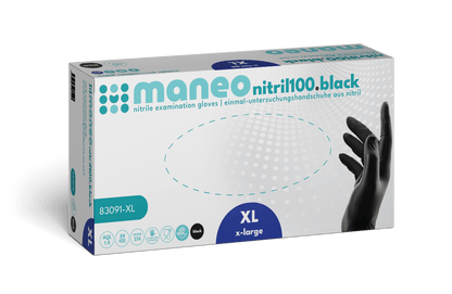A rectangular box of ARNOWA GmbH MANEO nitrile gloves, hygienic and durable, size XL. The predominantly white packaging with blue-green and black accents shows a hand in a black glove and icons of the main features.
