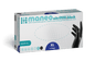 A rectangular box of ARNOWA GmbH MANEO nitrile gloves, hygienic and durable, size XL. The predominantly white packaging with blue-green and black accents shows a hand in a black glove and icons of the main features.