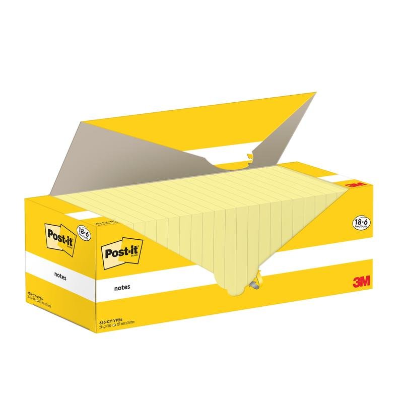 An open yellow-white box of 3M Deutschland GmbH Post-it® Notes (Yellow, 76x127 mm, 100 sheets/pad, 18 pads + 6 free, cardboard packaging) shows several lined pads. The box features the Post-it® and 3M logos.